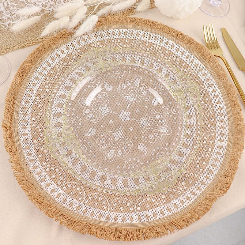 4 Round 15" Woven Burlap Placemats with Print and Fringe Rim - Natural and White PLMAT_JUTE05_WHT