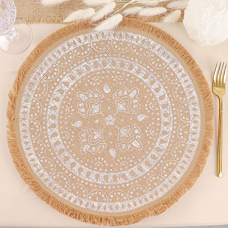 4 Round 15" Woven Burlap Placemats with Print and Fringe Rim - Natural and White PLMAT_JUTE05_WHT