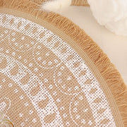 4 Round 15" Woven Burlap Placemats with Print and Fringe Rim - Natural and White PLMAT_JUTE05_WHT