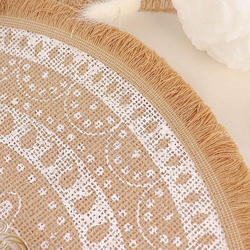 4 Round 15" Woven Burlap Placemats with Print and Fringe Rim - Natural and White PLMAT_JUTE05_WHT