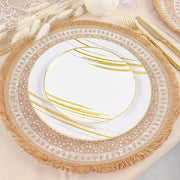 4 Round 15" Woven Burlap Placemats with Print and Fringe Rim - Natural and White PLMAT_JUTE05_WHT