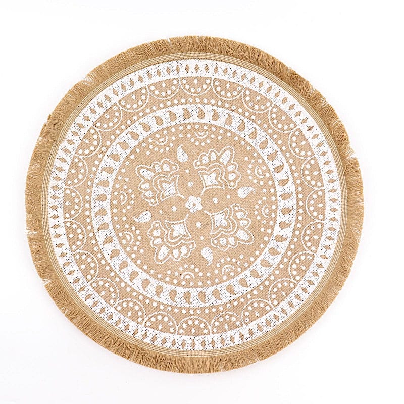 4 Round 15" Woven Burlap Placemats with Print and Fringe Rim - Natural and White PLMAT_JUTE05_WHT