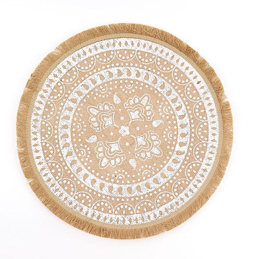 4 Round 15" Woven Burlap Placemats with Print and Fringe Rim - Natural and White PLMAT_JUTE05_WHT