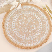 4 Round 15" Woven Burlap Placemats with Print and Fringe Rim - Natural and White PLMAT_JUTE05_WHT