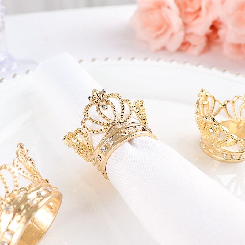 4 Round Metal Crown with Rhinestones Napkin Rings