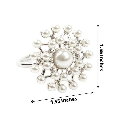 4 Round Metal Napkin Rings with Faux Pearls and Rhinestones - Silver and White NAP_RING32_SILV
