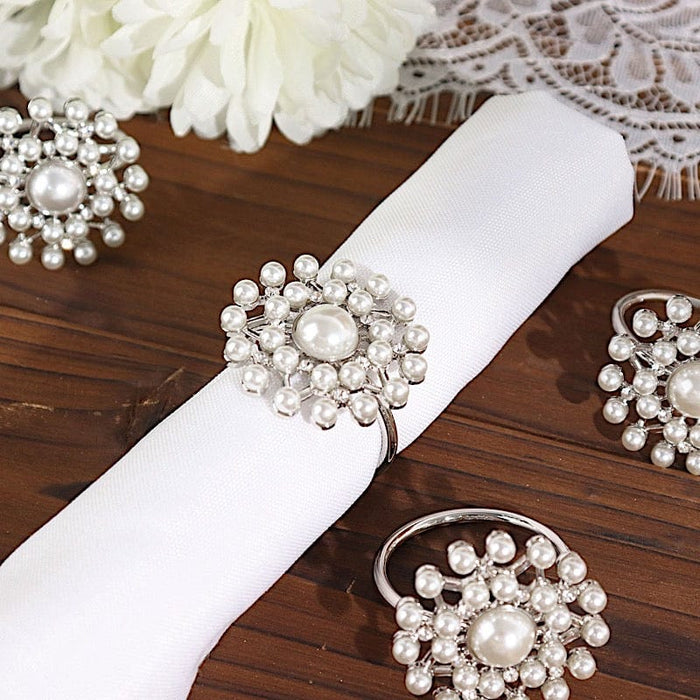 4 Round Metal Napkin Rings with Faux Pearls and Rhinestones - Silver and White NAP_RING32_SILV