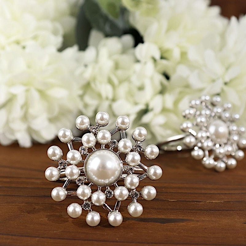 4 Round Metal Napkin Rings with Faux Pearls and Rhinestones - Silver and White NAP_RING32_SILV