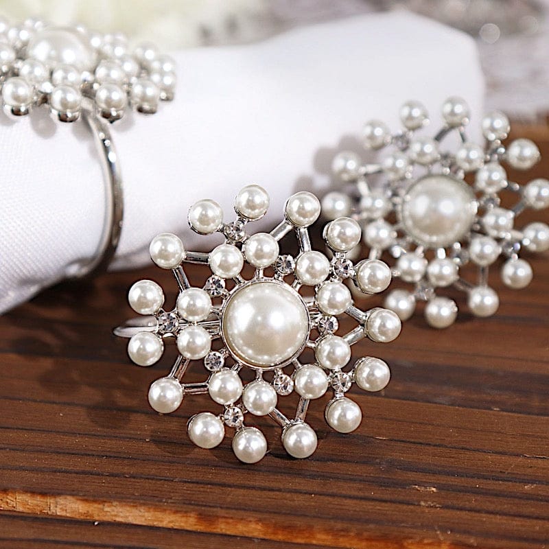 4 Round Metal Napkin Rings with Faux Pearls and Rhinestones - Silver and White NAP_RING32_SILV