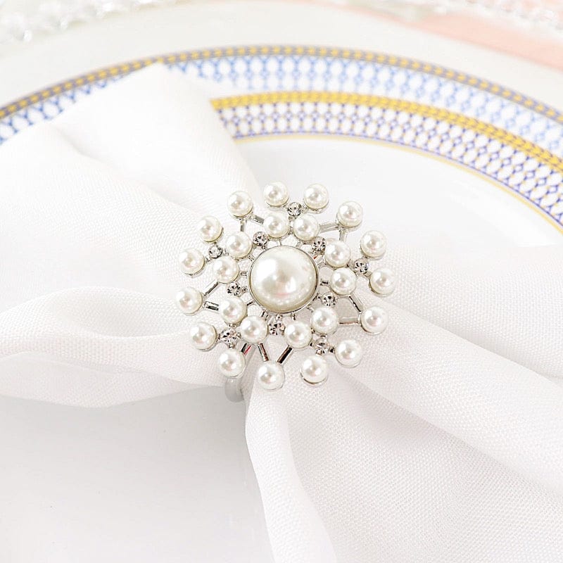 4 Round Metal Napkin Rings with Faux Pearls and Rhinestones - Silver and White NAP_RING32_SILV