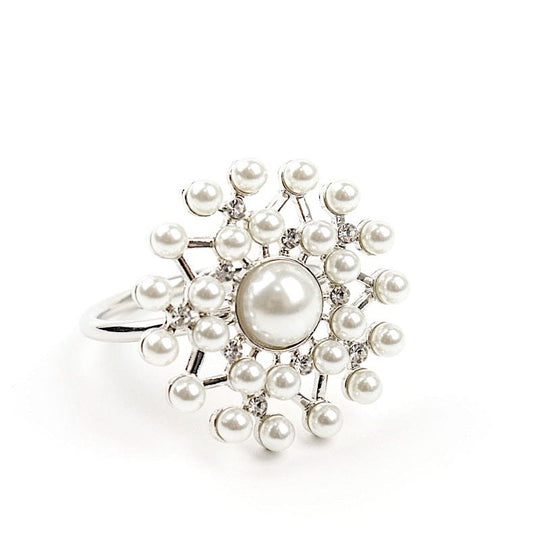 4 Round Metal Napkin Rings with Faux Pearls and Rhinestones - Silver and White NAP_RING32_SILV