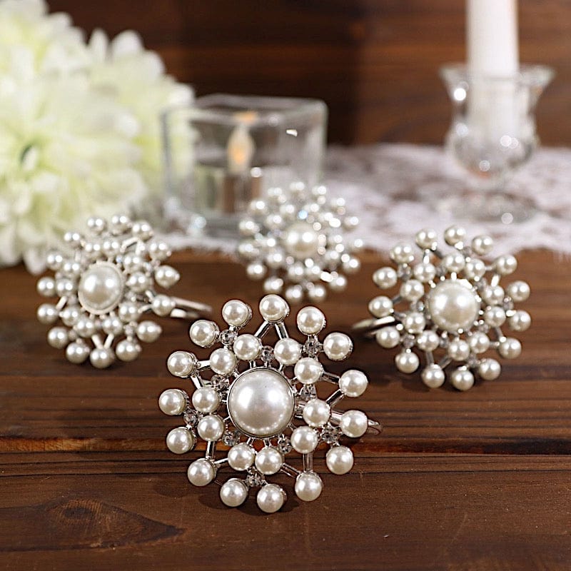 4 Round Metal Napkin Rings with Faux Pearls and Rhinestones - Silver and White NAP_RING32_SILV