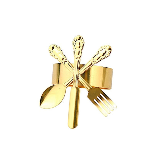 4 Round Metal Napkin Rings with Fork Knife Spoon Design