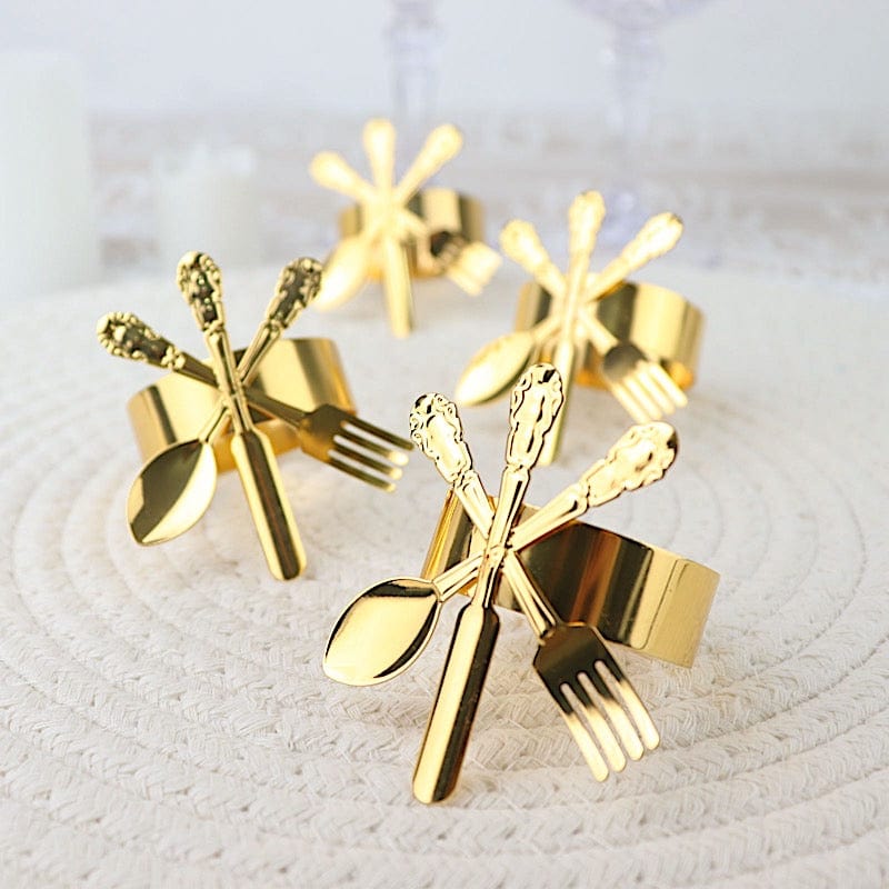 4 Round Metal Napkin Rings with Fork Knife Spoon Design