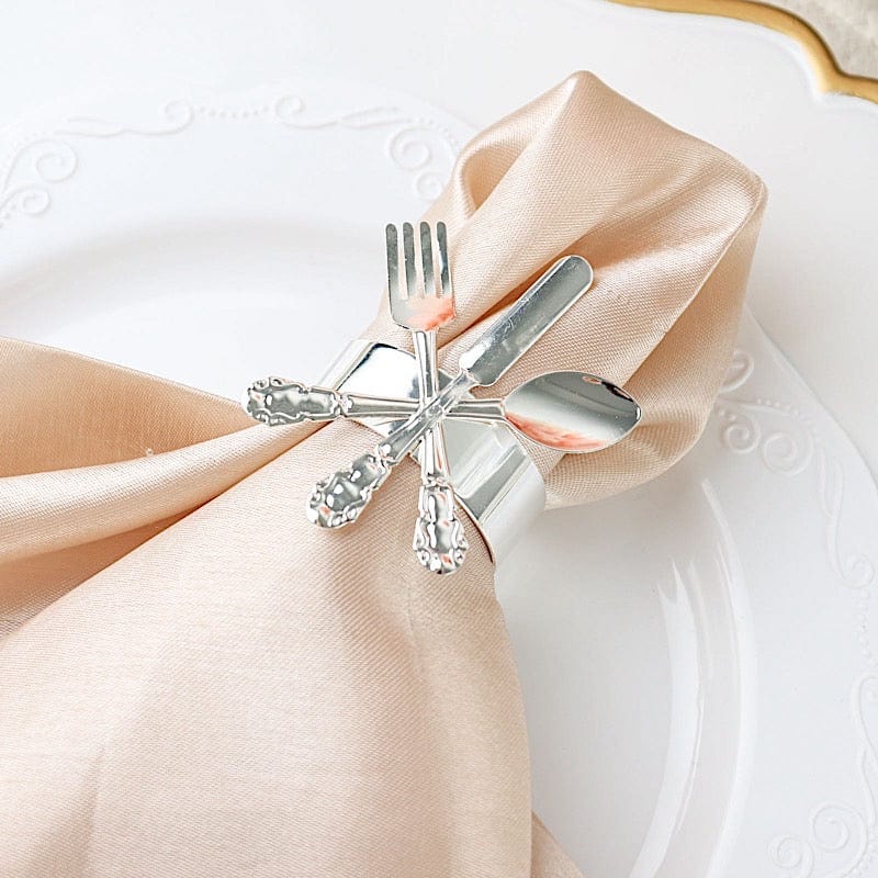 4 Round Metal Napkin Rings with Fork Knife Spoon Design