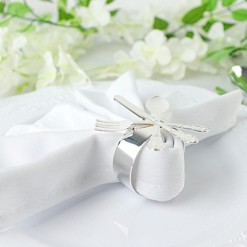 4 Round Metal Napkin Rings with Fork Knife Spoon Design