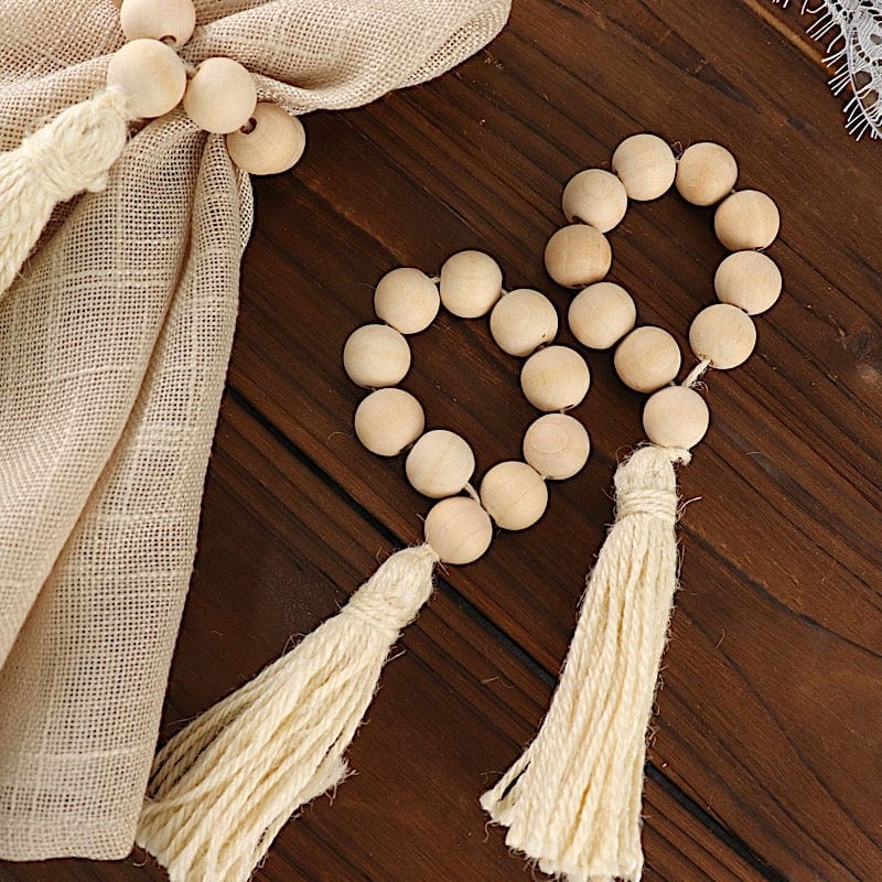 4 Round Wood Bead Napkin Rings with Tassels - Cream NAP_RING29_CRM