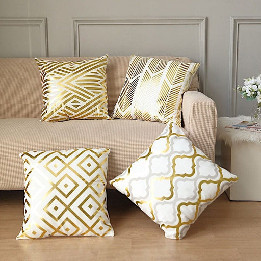 4 Square 18 x 18 Velvet Throw Pillow Covers Gold Geometric Print Black and Gold