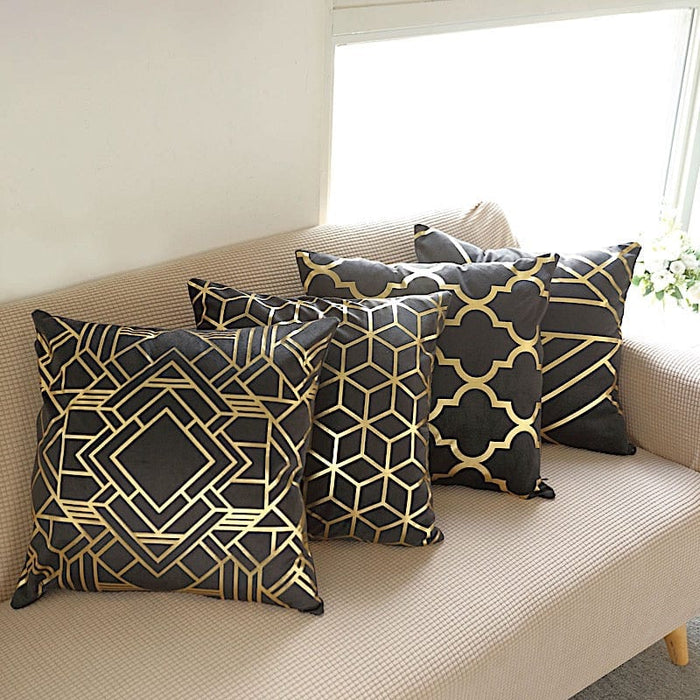 4 Square 18 x 18 Velvet Throw Pillow Covers Gold Geometric Print Black and Gold