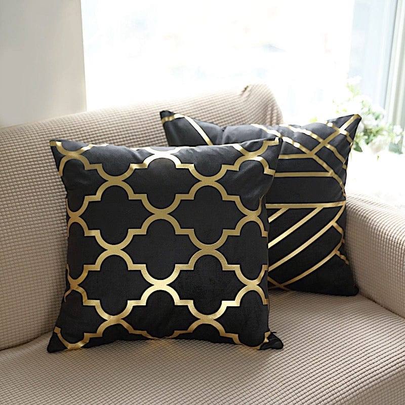 4 Square 18" x 18" Velvet Throw Pillow Covers with Gold Geometric Print