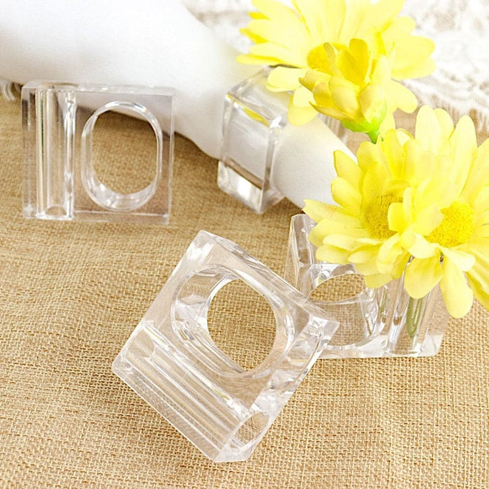 4 Square Acrylic Napkin Rings with Mini Flower Holders - Clear NAP_RING17_CLR