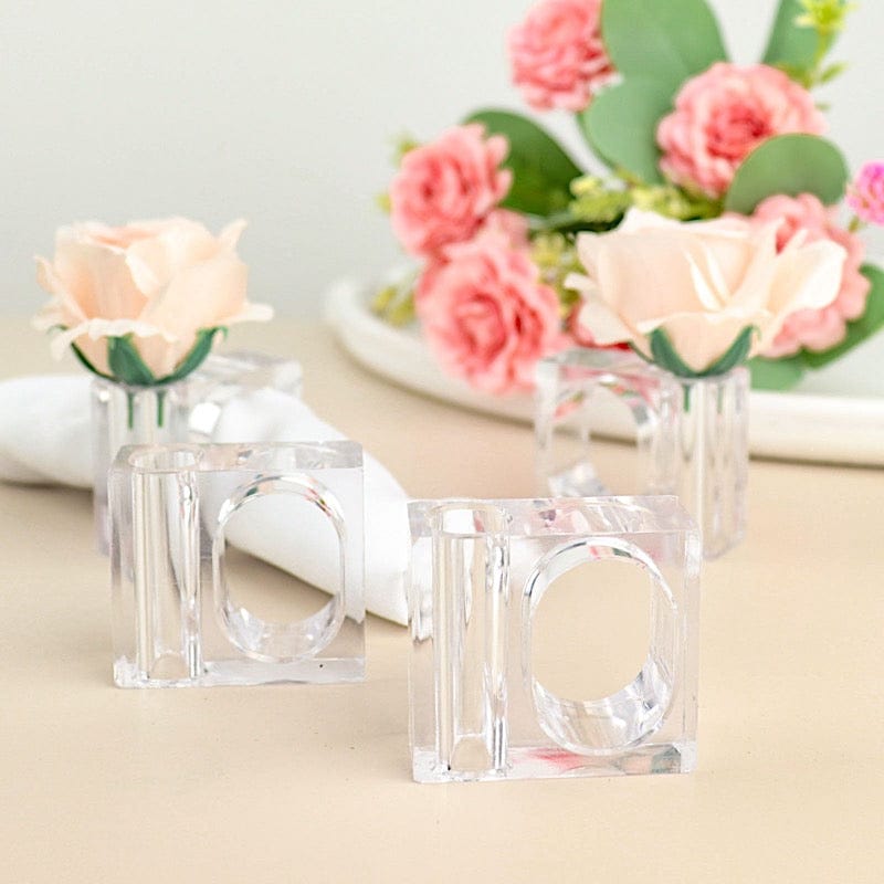 4 Square Acrylic Napkin Rings with Mini Flower Holders - Clear NAP_RING17_CLR