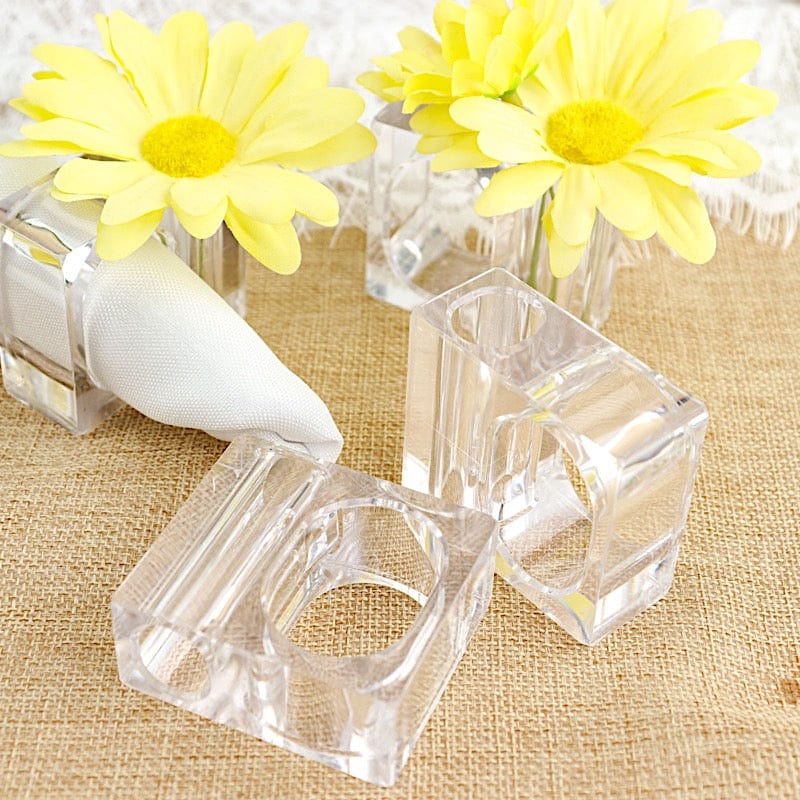 4 Square Acrylic Napkin Rings with Mini Flower Holders - Clear NAP_RING17_CLR