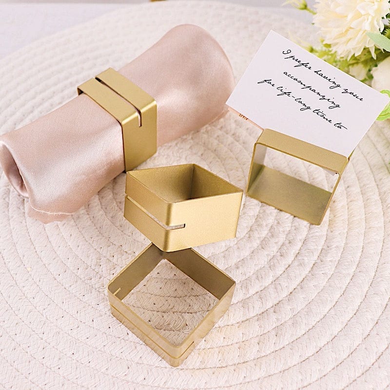 4 Square Metal Napkin Rings with Place Card Holder - Matte Gold NAP_RING16_GOLD