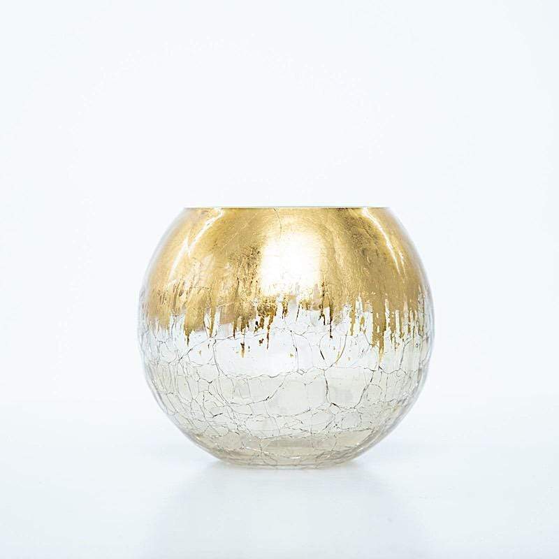 4" tall Round Crackle Glass Candle Holder Vase - Gold VASE_A68_5_GOLD
