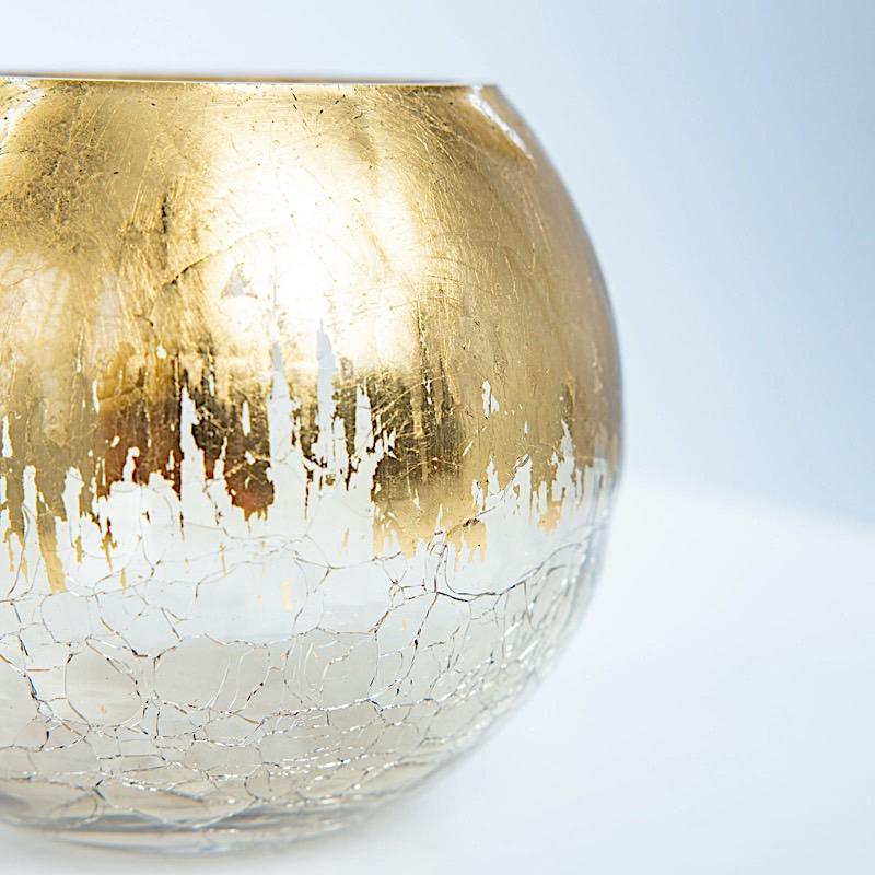 4" tall Round Crackle Glass Candle Holder Vase - Gold VASE_A68_5_GOLD