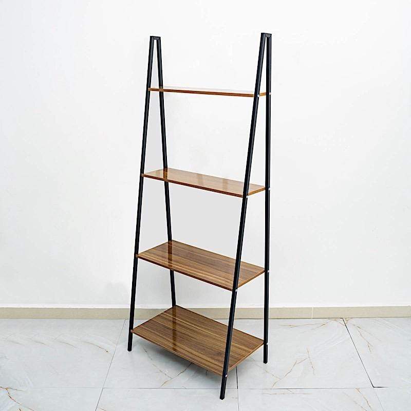 4 Tier Ladder Shelf Metal with Natural Wood Rack Display Stand - Black and Brown FURN_WOD_RCK004_DKBN