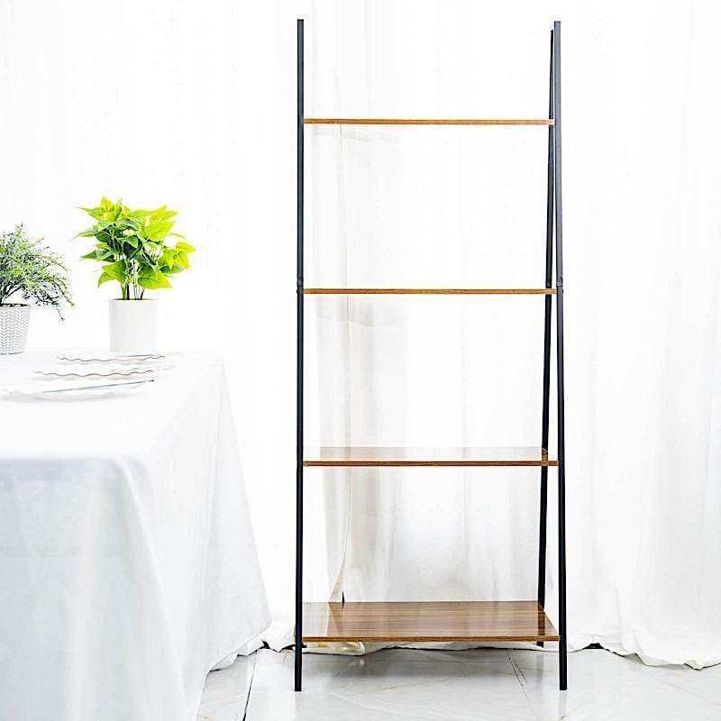 4 Tier Ladder Shelf Metal with Natural Wood Rack Display Stand - Black and Brown FURN_WOD_RCK004_DKBN