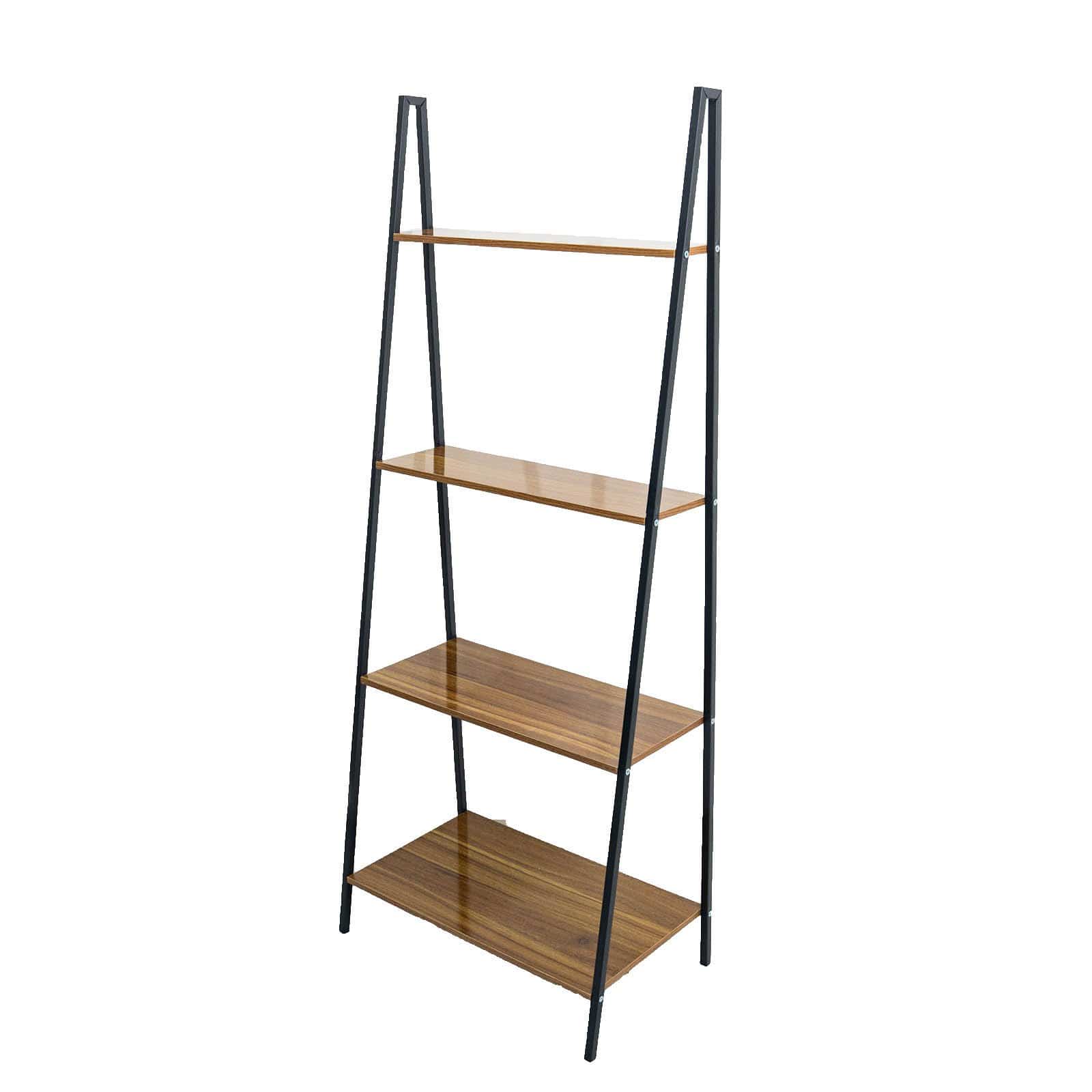 4 Tier Ladder Shelf Metal with Natural Wood Rack Display Stand - Black and Brown FURN_WOD_RCK004_DKBN