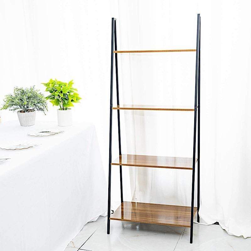 4 Tier Ladder Shelf Metal with Natural Wood Rack Display Stand - Black and Brown FURN_WOD_RCK004_DKBN