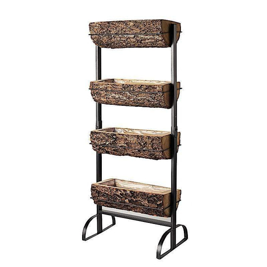 4 Tier Metal Stand with Natural Wood Planters Holders - Black and Brown FURN_WOD_RCK002