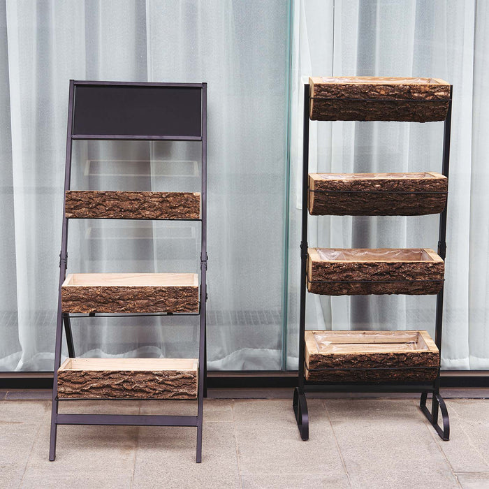 Black and Brown 4 Tier Metal Stand with Natural Wood Planter Boxes