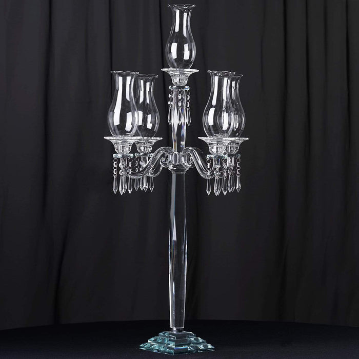 40" tall 5 Arm Crystal Glass Candelabra Hurricane Taper Candle Holder - Clear CHDLR_GLAS_026