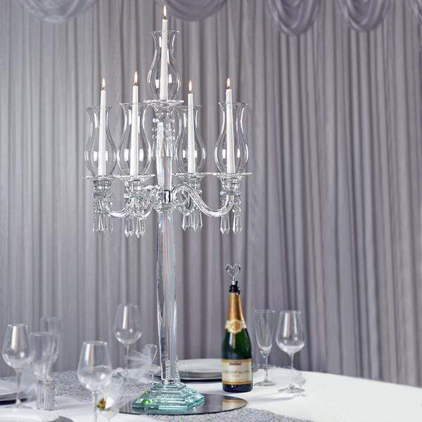 40" tall 5 Arm Crystal Glass Candelabra Hurricane Taper Candle Holder - Clear CHDLR_GLAS_026