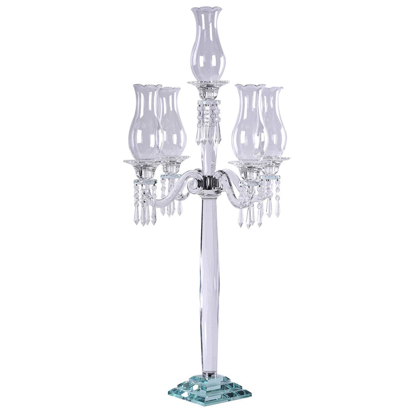 40" tall 5 Arm Crystal Glass Candelabra Hurricane Taper Candle Holder - Clear CHDLR_GLAS_026