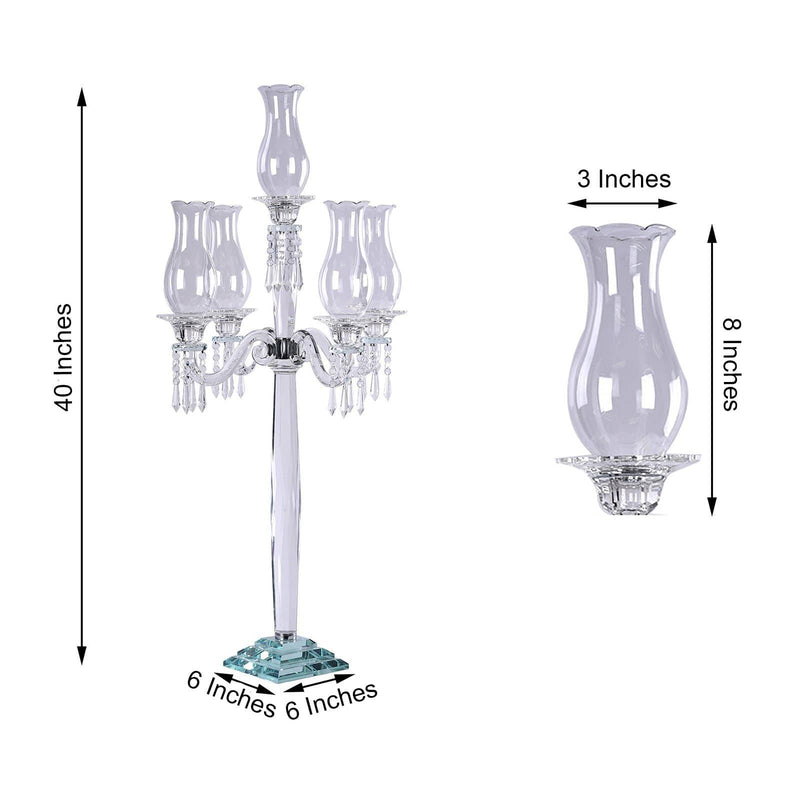 40" tall 5 Arm Crystal Glass Candelabra Hurricane Taper Candle Holder - Clear CHDLR_GLAS_026