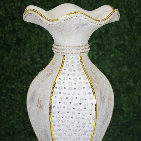 40" tall Ceramic Marble Design Vase with Pearls and Mirror Mosaic - White Gold PROP_MAB002_GOLD