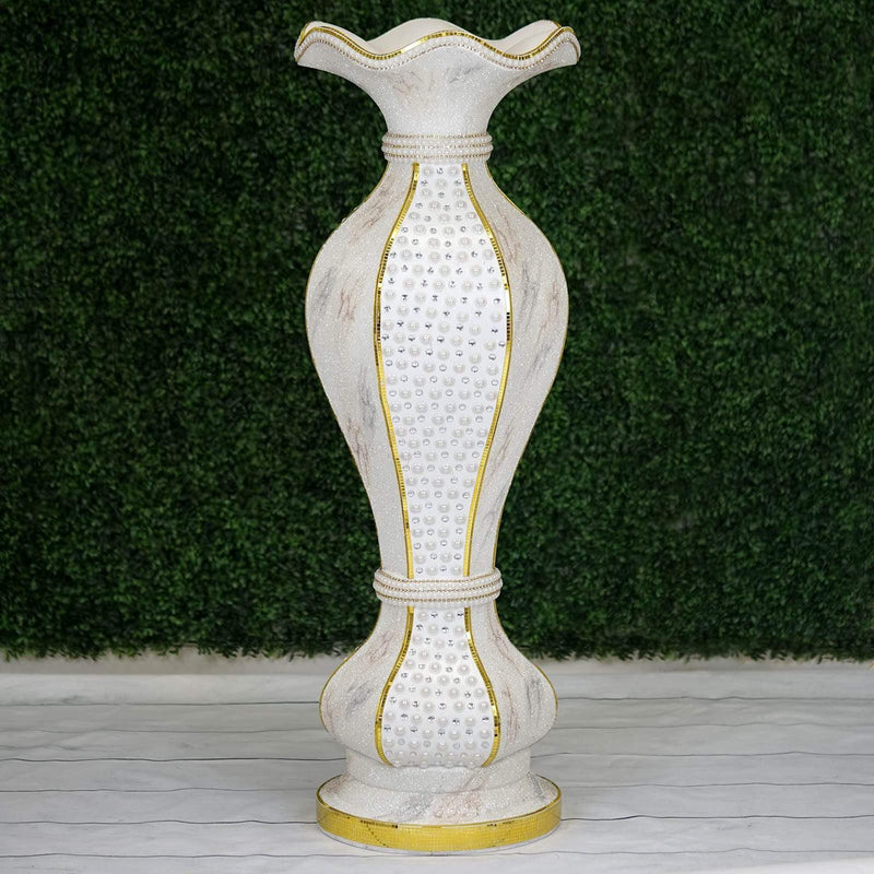 40" tall Ceramic Marble Design Vase with Pearls and Mirror Mosaic - White Gold PROP_MAB002_GOLD