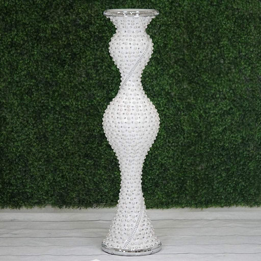 40" tall Wedding Column Floor Vase with Pearls and Mirror Mosaic - Silver and White PROP_PRL004_SILV