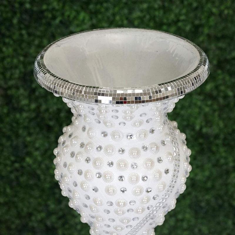 40" tall Wedding Column Floor Vase with Pearls and Mirror Mosaic - Silver and White PROP_PRL004_SILV