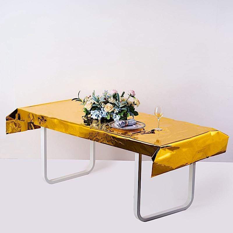 40" x 90" Rectangular Metallic Disposable Plastic Tablecloth - Gold TAB_FOL_01_40X90_GOLD