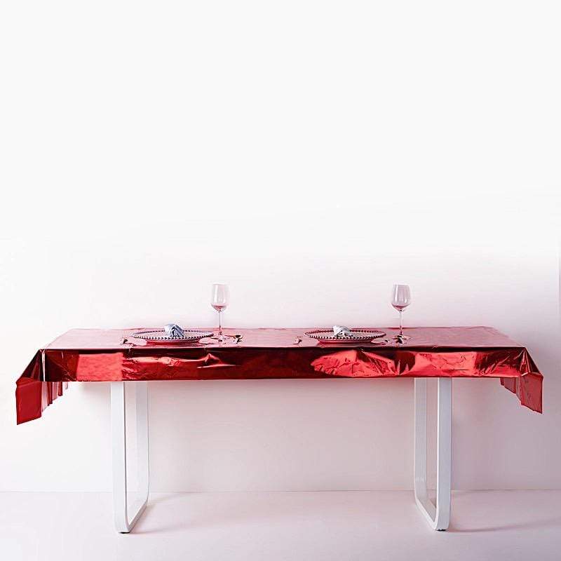 40" x 90" Rectangular Metallic Disposable Plastic Tablecloth - Red TAB_FOL_01_40X90_RED