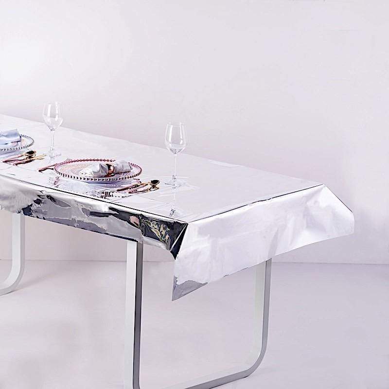40" x 90" Rectangular Metallic Disposable Plastic Tablecloth - Silver TAB_FOL_01_40X90_SILV