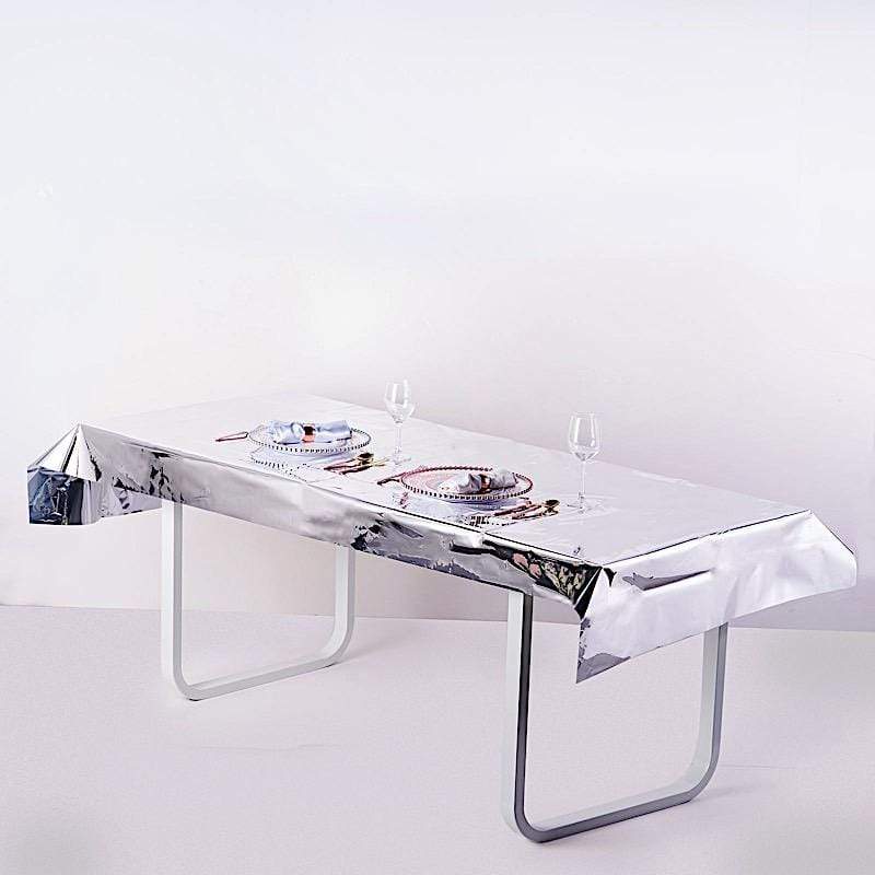 40" x 90" Rectangular Metallic Disposable Plastic Tablecloth - Silver TAB_FOL_01_40X90_SILV