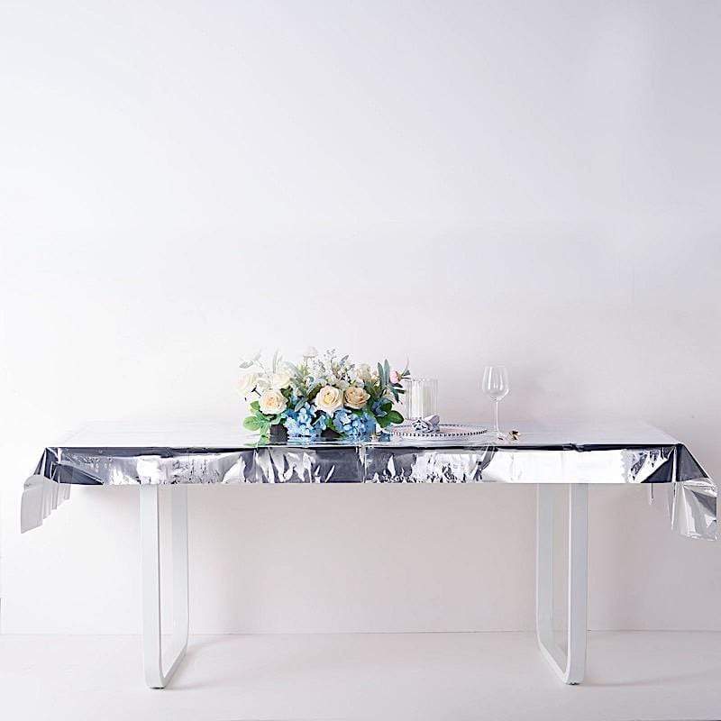 40" x 90" Rectangular Metallic Disposable Plastic Tablecloth - Silver TAB_FOL_01_40X90_SILV