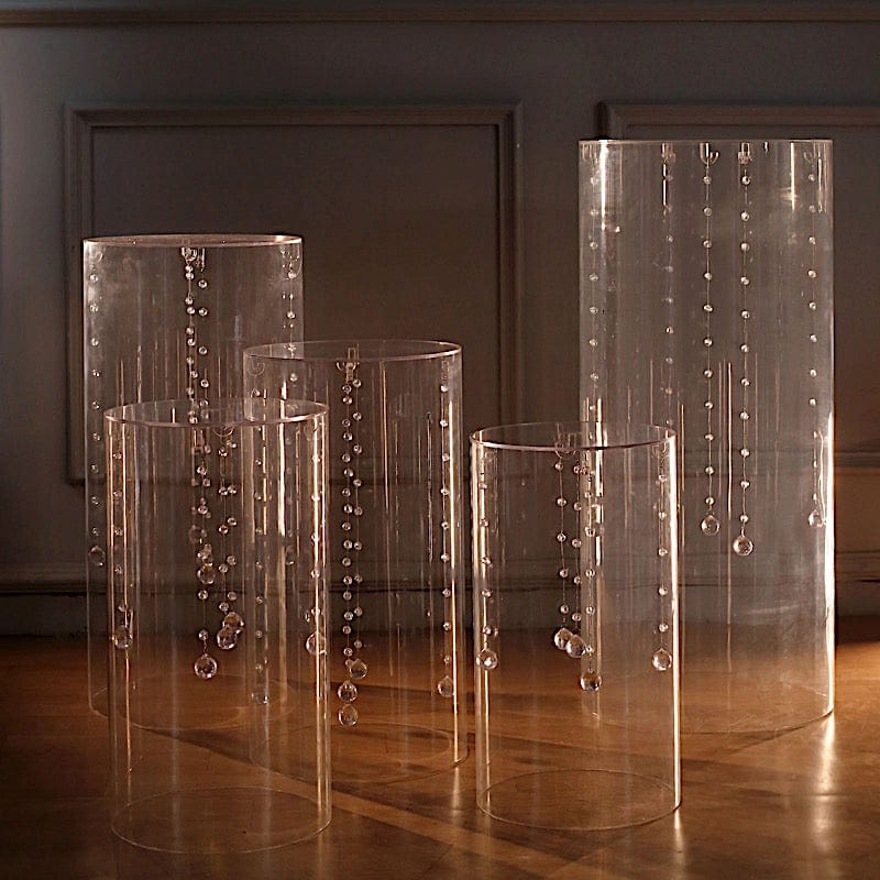 5 Acrylic Cylinder Stands Display Boxes Pedestal Riser Columns - Clear PROP_BOX_006_SET_CLR
